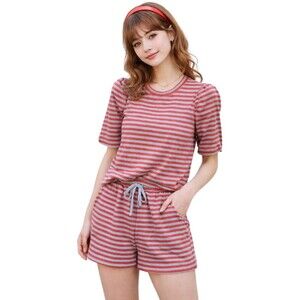 dRA Anthropologie Top Short Set Stripe Pockets Terry Cloth Retro Blue Red Size M